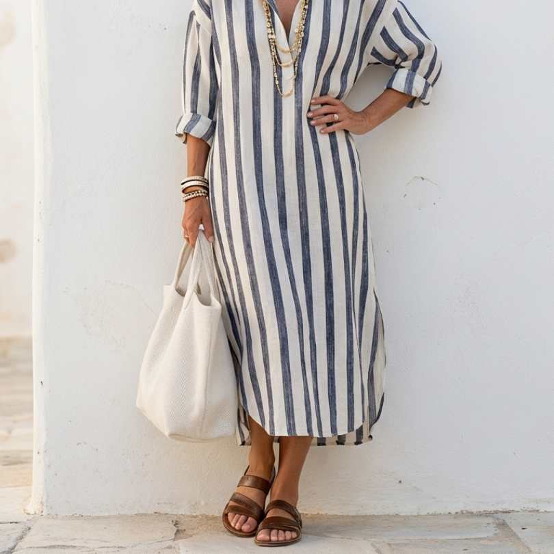 Naomi | Long Sleeve Striped Midi Shirt Dress