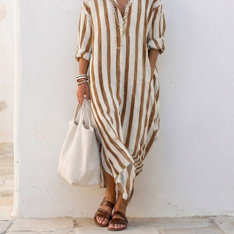 Naomi | Long Sleeve Striped Midi Shirt Dress
