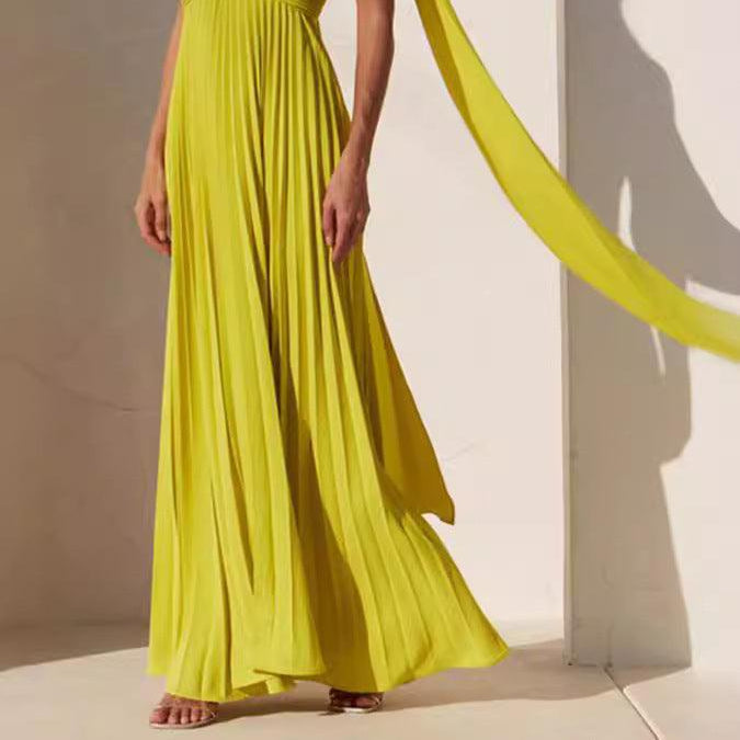 Women's Simple Elegant Look Tube Dress with Pleats and Ribbon