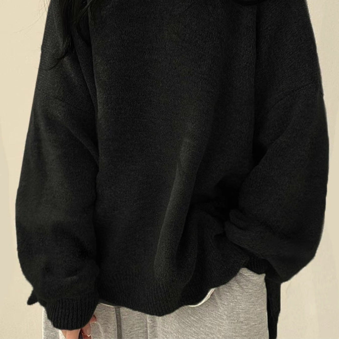 Women's Drop-Shoulder Sweater with Split Hem and Round Neck