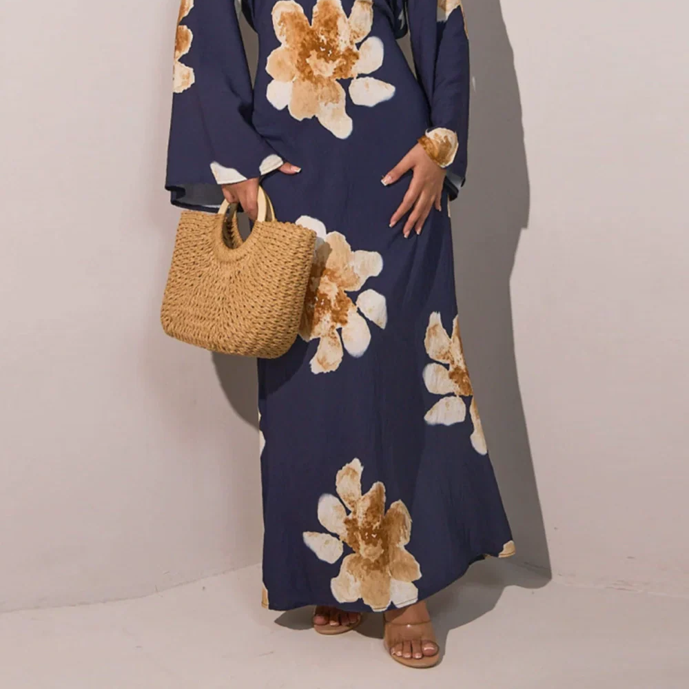 Women's Long Printed Dress with Adjustable Waist for an Elegant