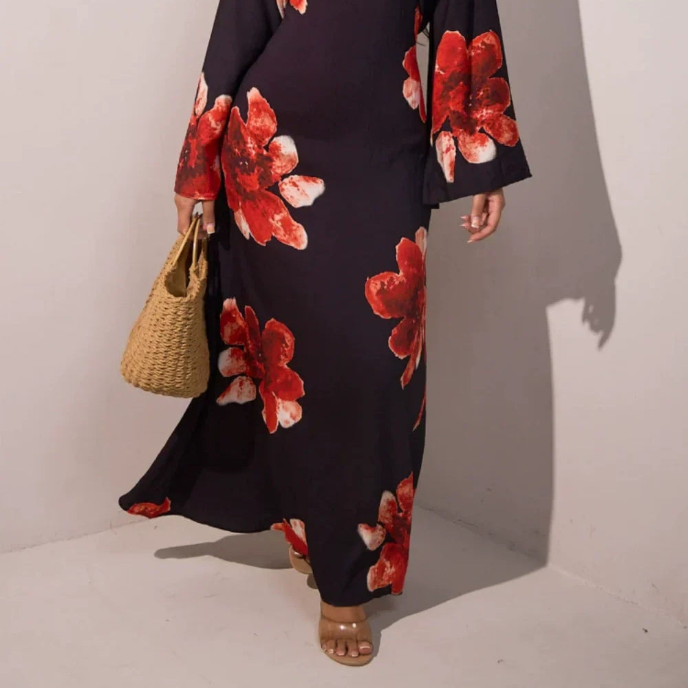 Women's Long Printed Dress with Adjustable Waist for an Elegant