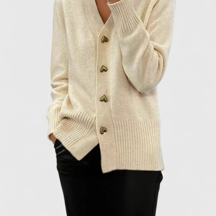 Women's Pink Cardigan - Gold Heart Buttons V-Neck Soft Knit