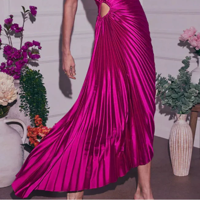 Women's Elegant Glam Pleated One-Shoulder Asymmetrical Maxi Dress