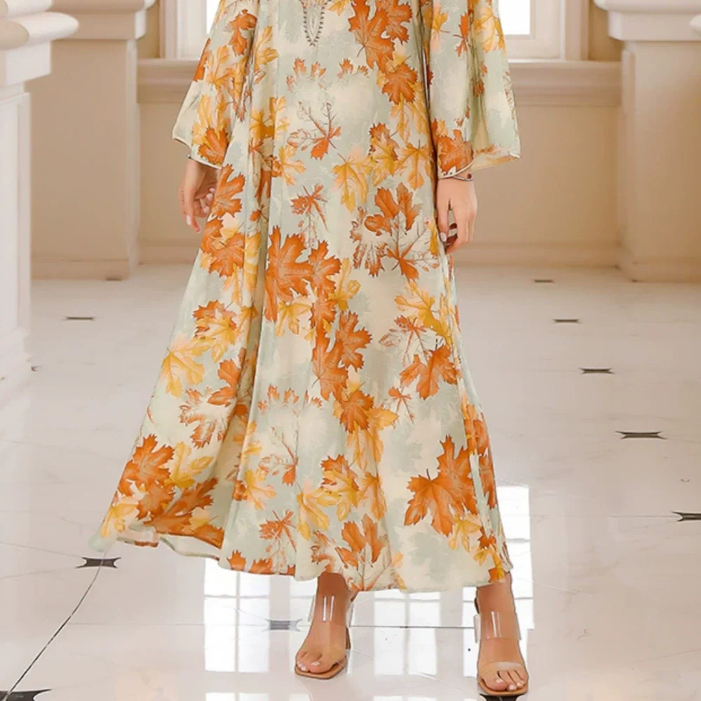 Women's Long Leaf Patterned Dress - Guaranteed Elegance and Comfort