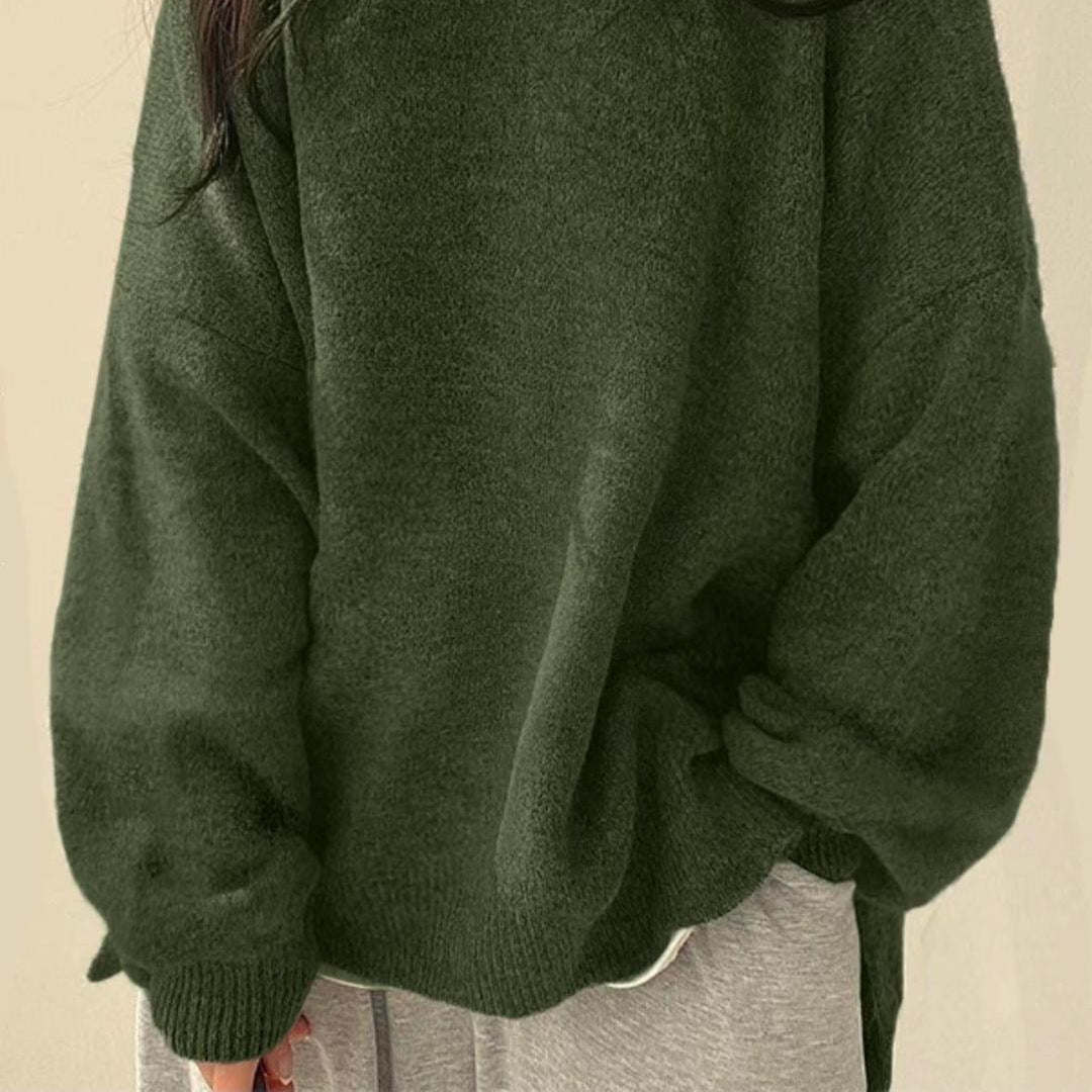 Women's Drop-Shoulder Sweater with Split Hem and Round Neck