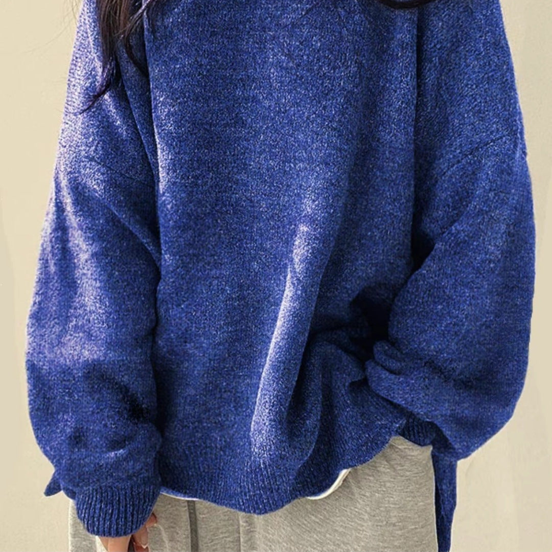 Women's Drop-Shoulder Sweater with Split Hem and Round Neck