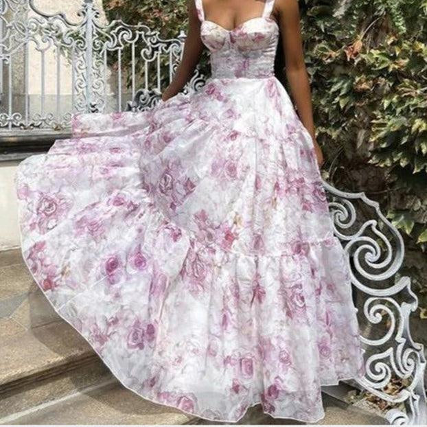 Women's Maxi Organza Dress with Floral Print and Bow Straps