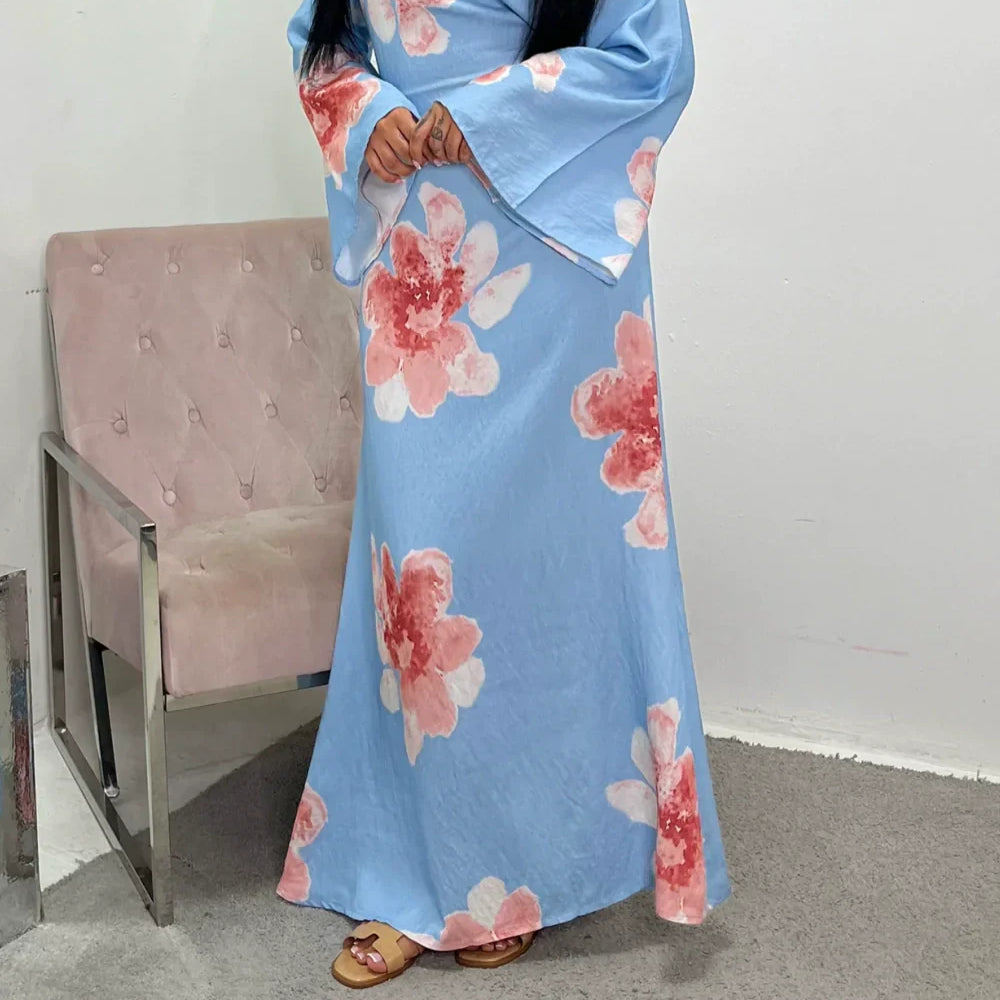 Women's Long Printed Dress with Adjustable Waist for an Elegant