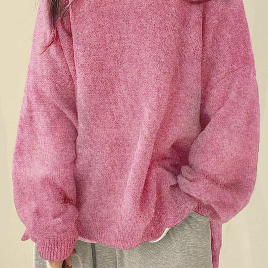Women's Drop-Shoulder Sweater with Split Hem and Round Neck