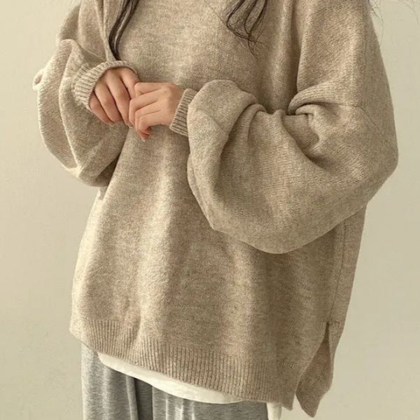 Women's Drop-Shoulder Sweater with Split Hem and Round Neck