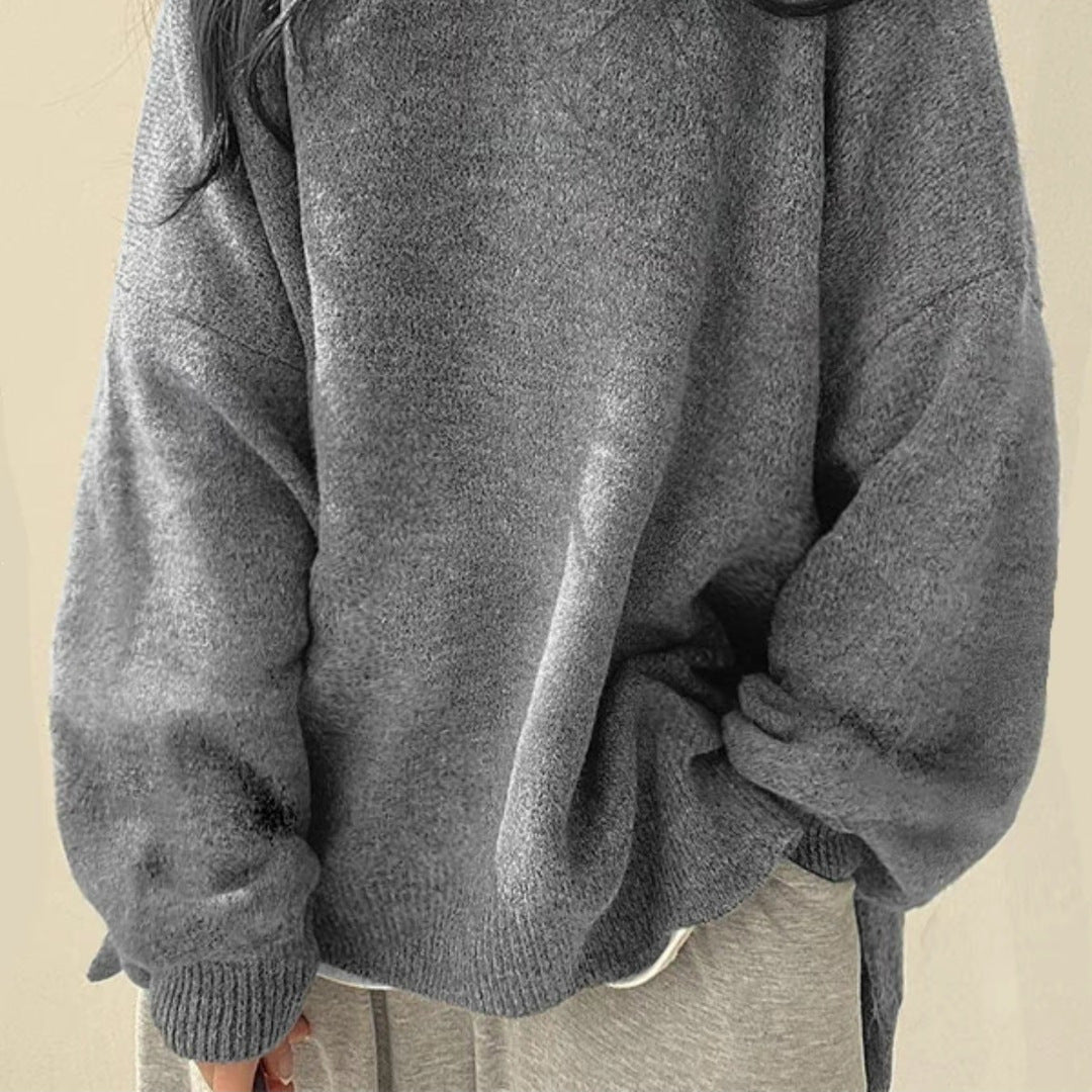 Women's Drop-Shoulder Sweater with Split Hem and Round Neck