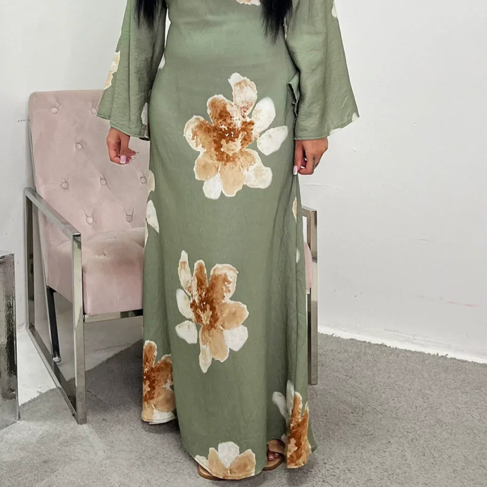 Women's Long Printed Dress with Adjustable Waist for an Elegant
