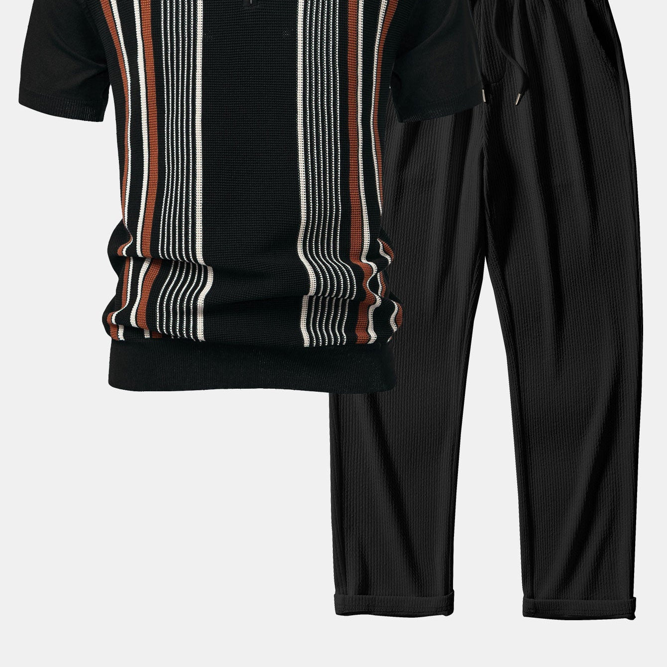 Men's Striped Knit Zip-Up Polo Shirt with Straight-Leg Ribbed Pants