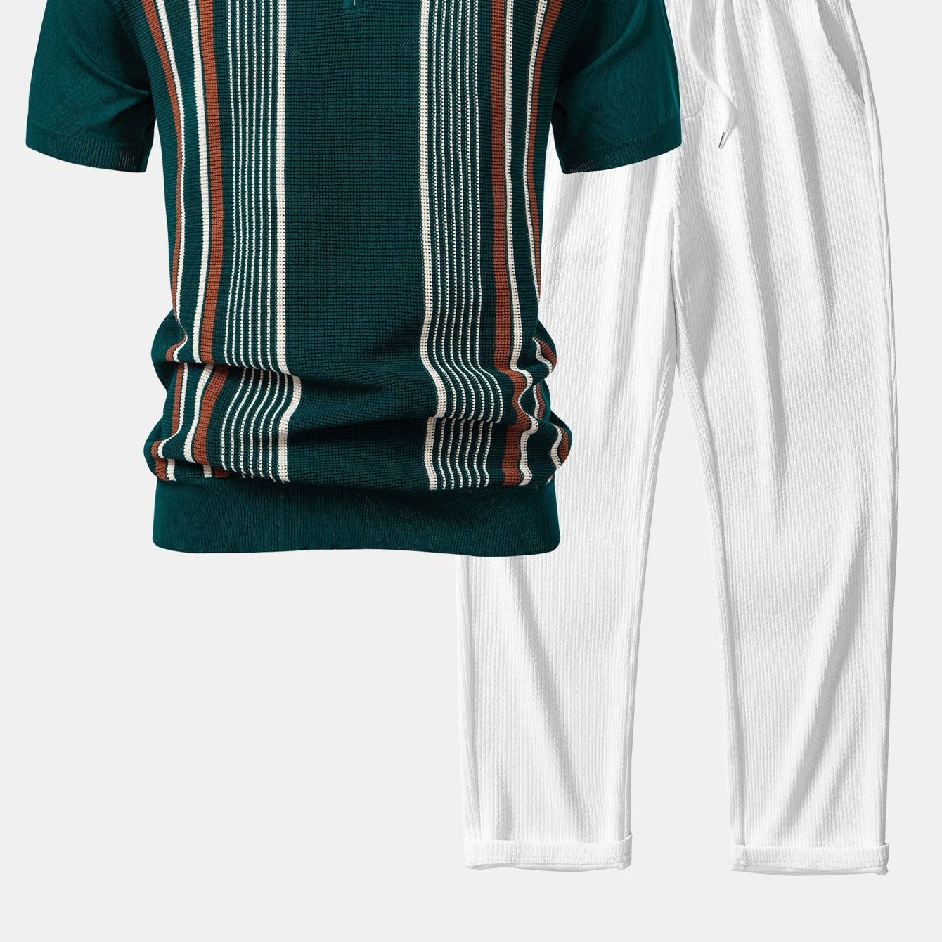 Men's Striped Knit Zip-Up Polo Shirt with Straight-Leg Ribbed Pants