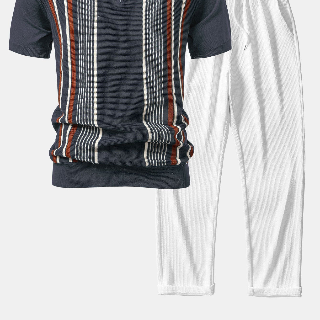 Men's Striped Knit Zip-Up Polo Shirt with Straight-Leg Ribbed Pants