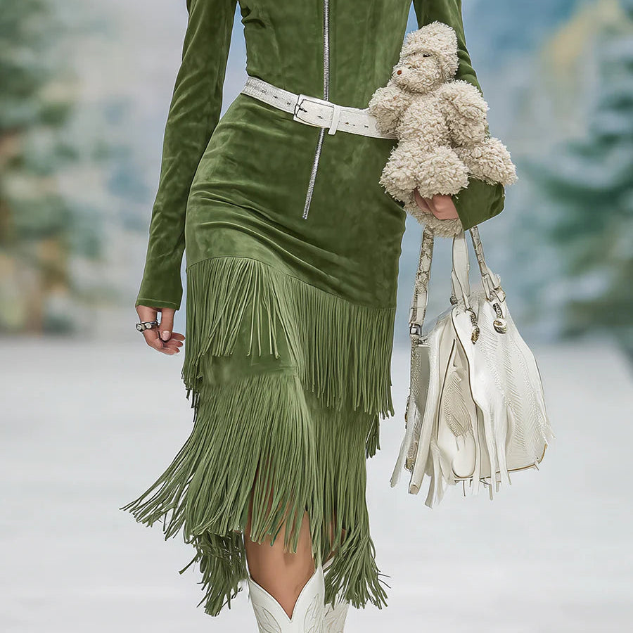 Women's Elegant green faux suede dress with high collar, zipper
