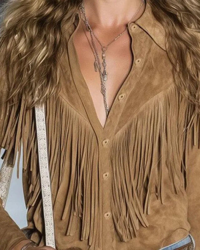 Boho Tassel Shirt Jacket — Effortless Bohemian Style Polyester Red | DUUWE