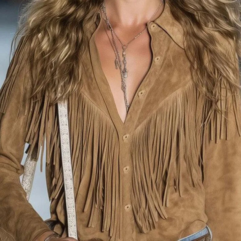 Boho Tassel Shirt Jacket — Effortless Bohemian Style Polyester Red | DUUWE