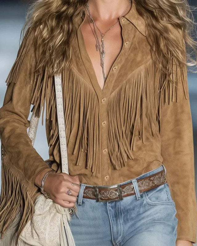 Boho Tassel Shirt Jacket — Effortless Bohemian Style Polyester Red | DUUWE