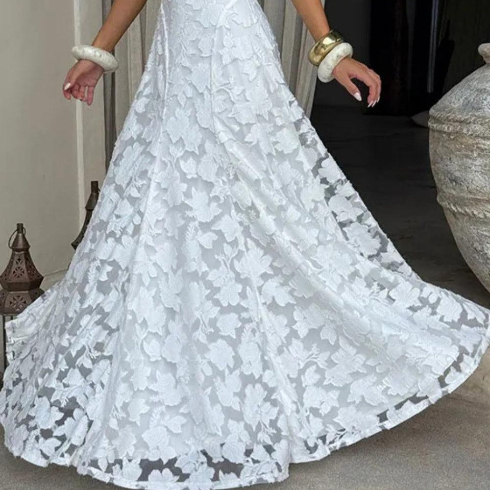 Women's Elegant White Lace Long Dress with Spaghetti Straps