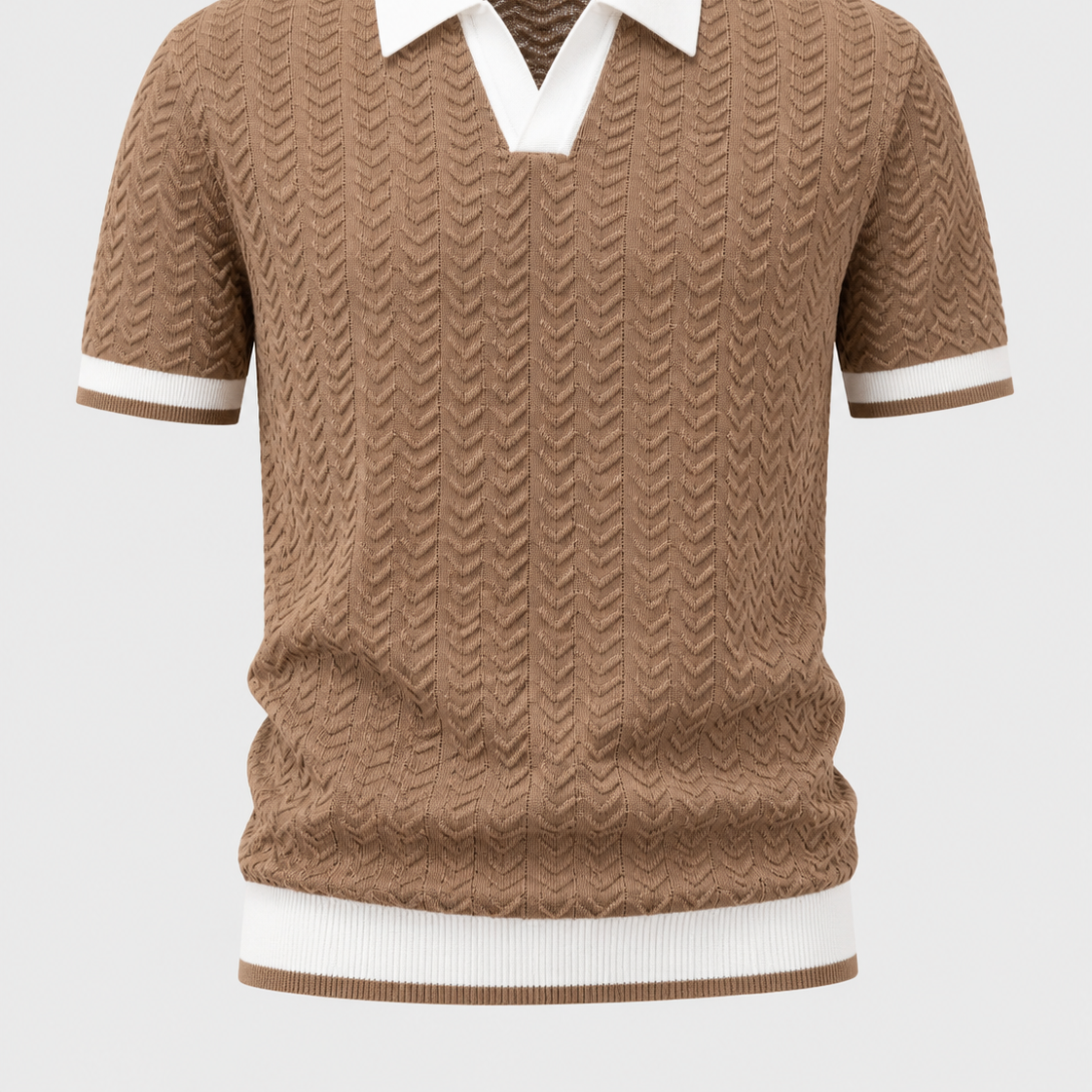 Men's Textured Contrast Knit V-Neck Polo Shirt