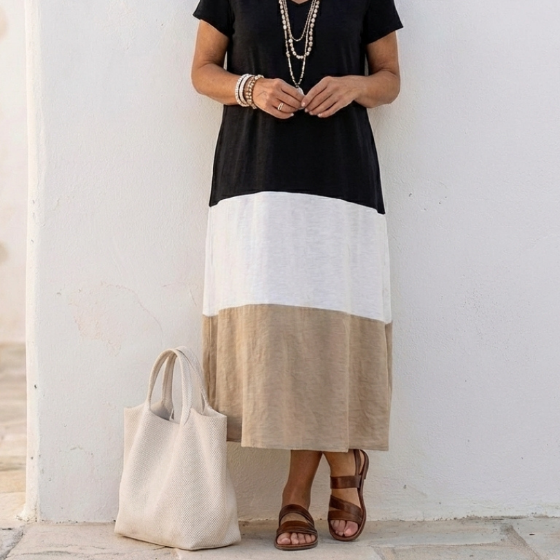 Thalia | Short Sleeve Color Block V Neck Midi Dress