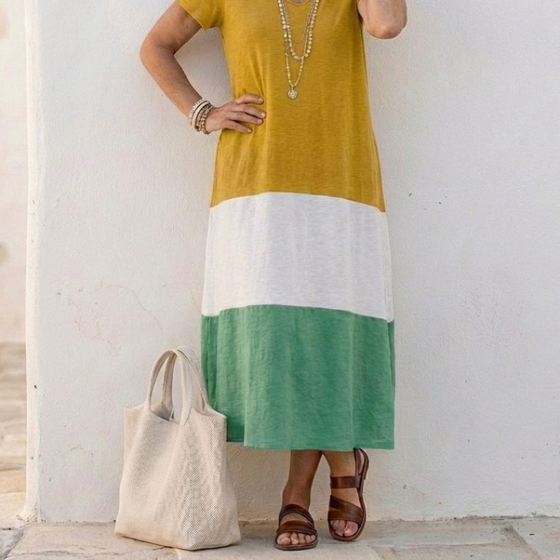 Thalia | Short Sleeve Color Block V Neck Midi Dress