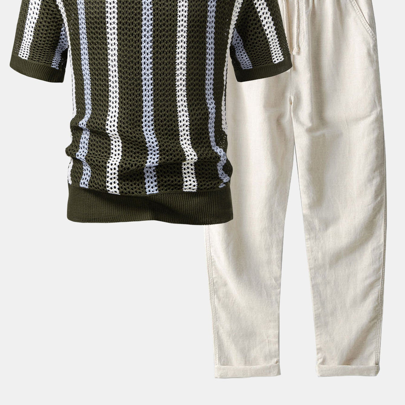 Men's Striped V-Neck Polo & Straight-Leg Pants Set