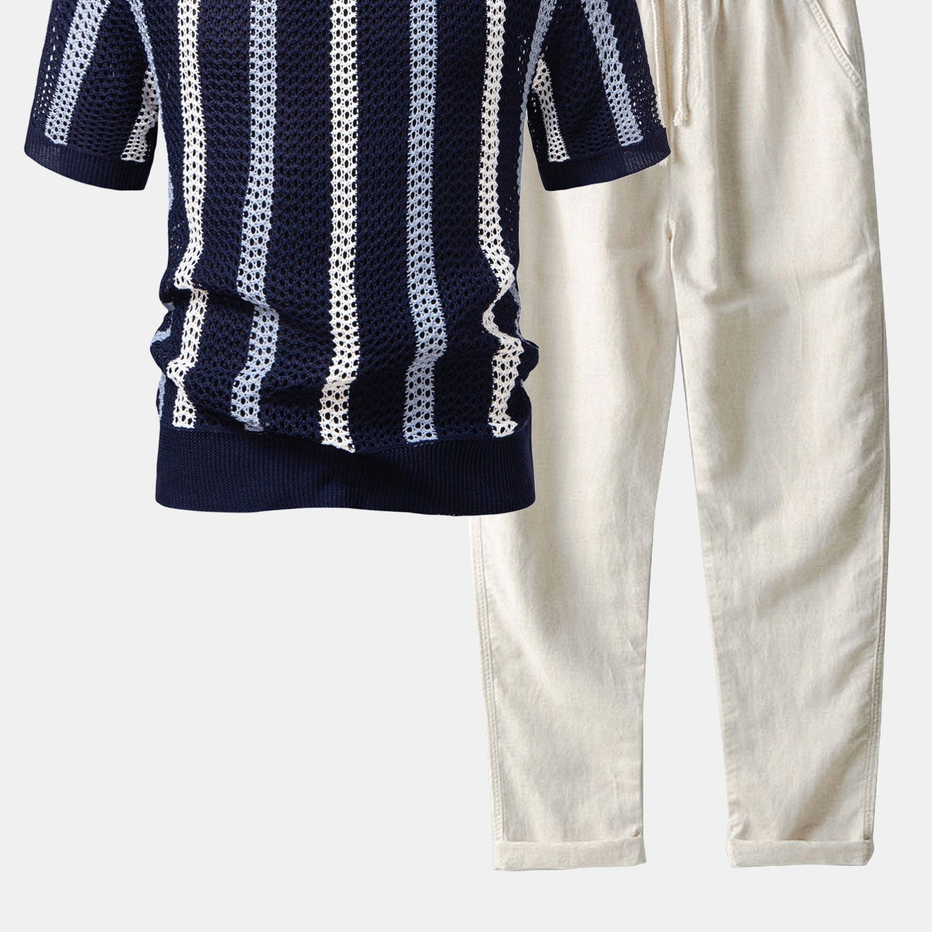 Men's Striped V-Neck Polo & Straight-Leg Pants Set