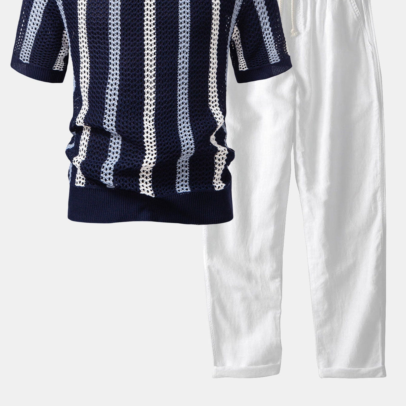 Men's Striped V-Neck Polo & Straight-Leg Pants Set