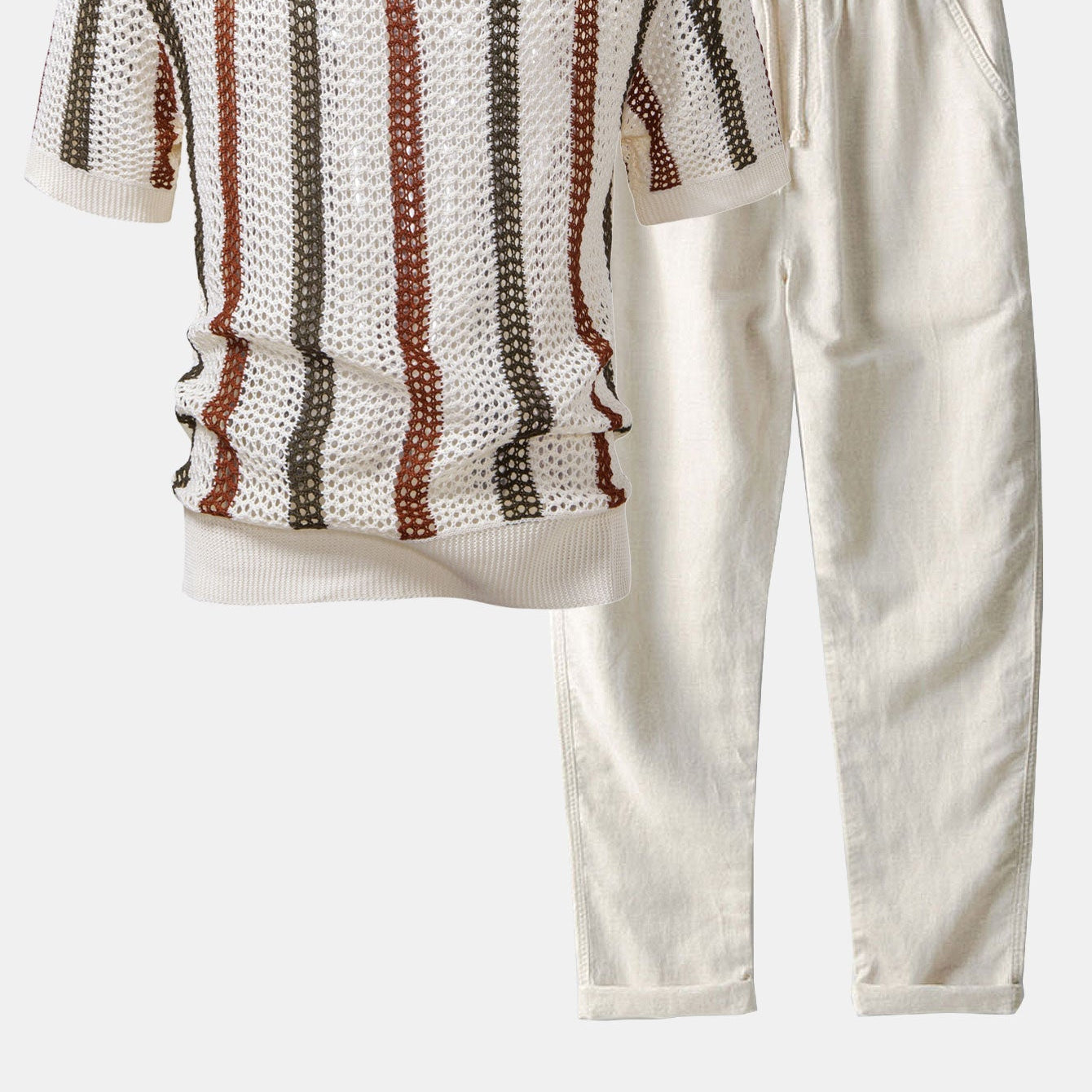 Men's Striped V-Neck Polo & Straight-Leg Pants Set