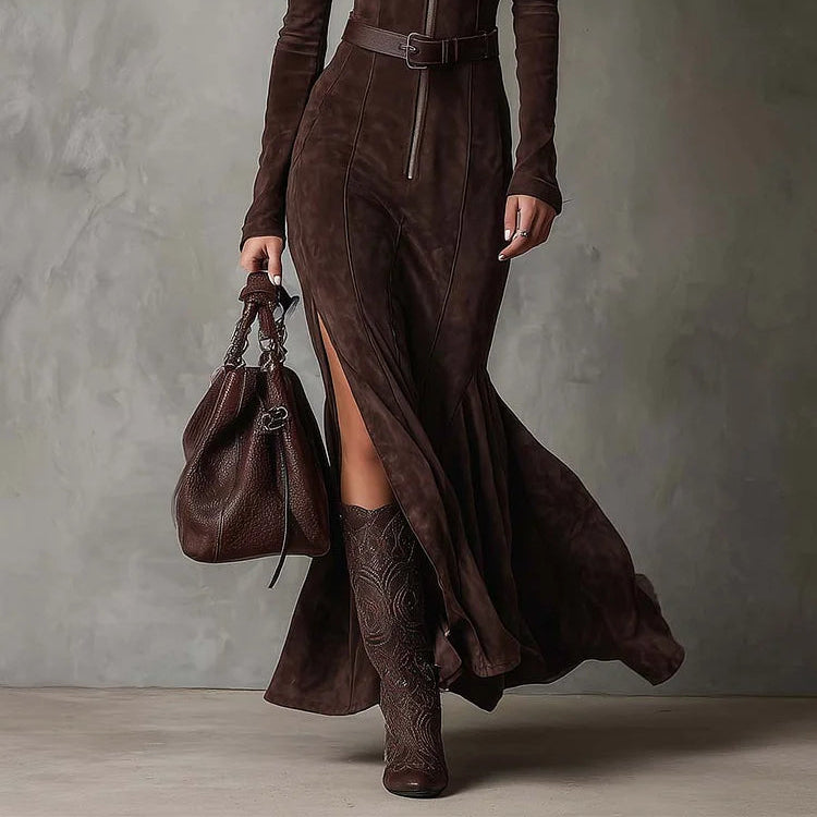 Women's Elegant Vintage Brown Zipper Belted Maxi Dress with