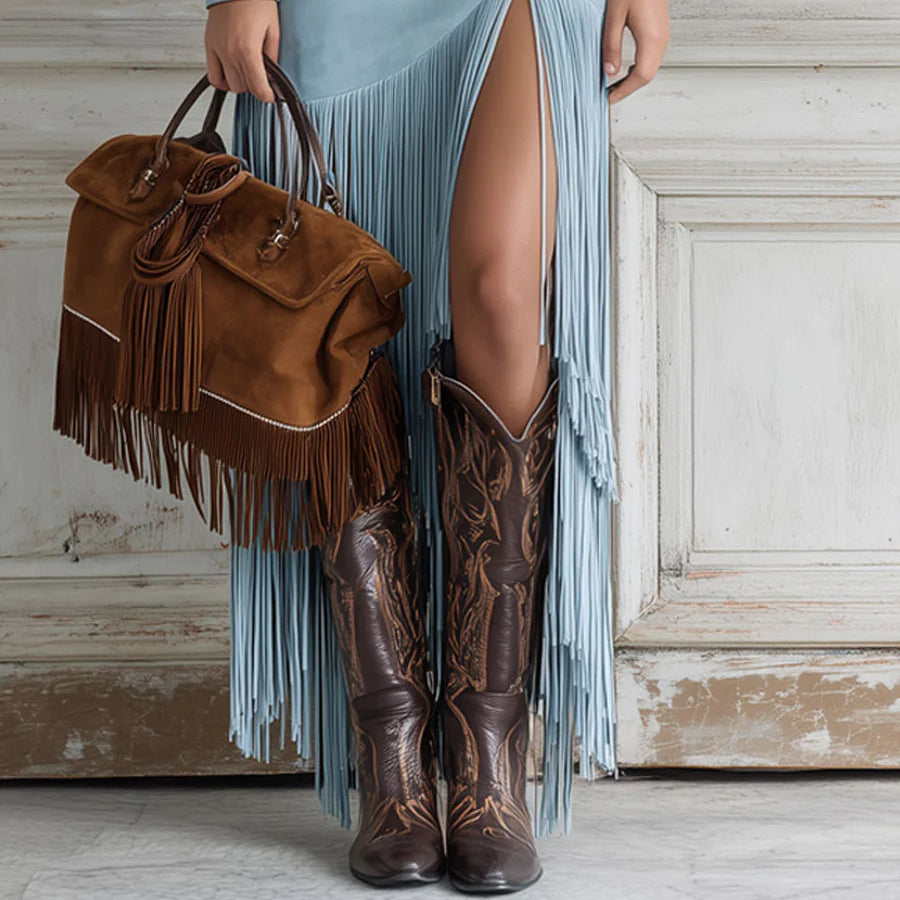 Women's Ophelio Western-Style Embroidered Faux-Suede Fringe Maxi Dress