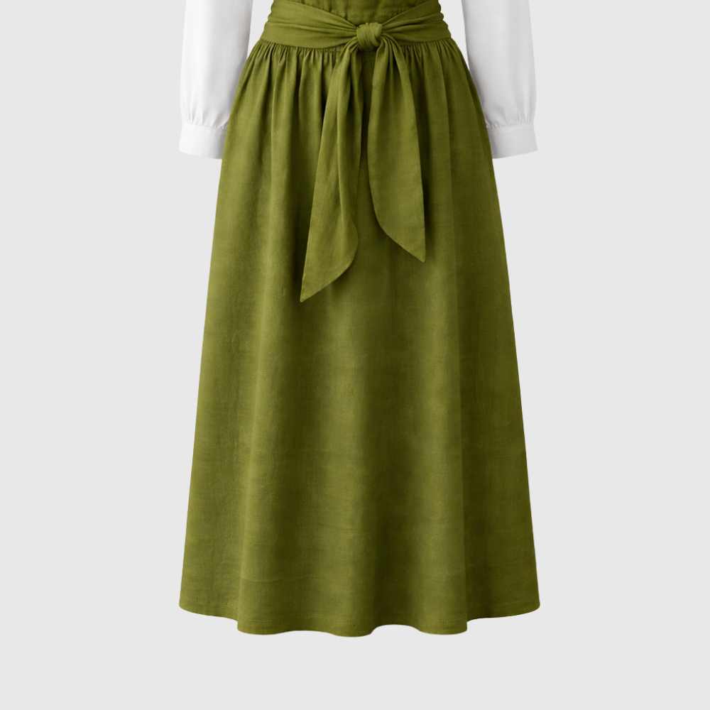 Women's Effortless Boho-Chic Black Blouse & Olive Satin Midi Skirt Set
