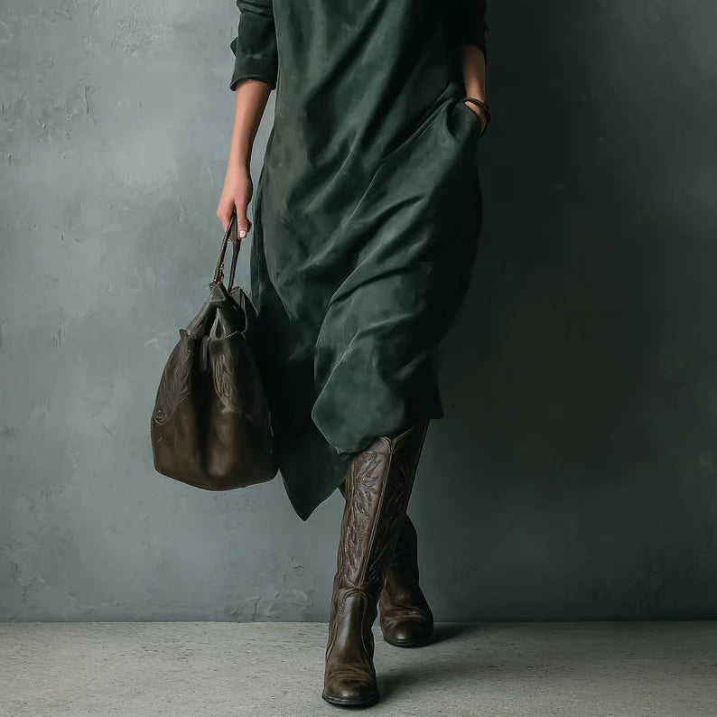 Women's Casual Green Long Swedish Midi Dress with Turn-down Collar