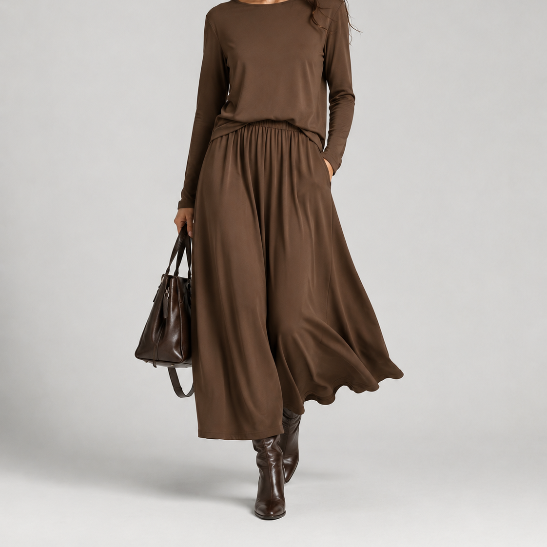 Women > Sweaters : Women's Two-Piece Long Sleeve Top and Maxi Skirt Set in Brown van DUUWE