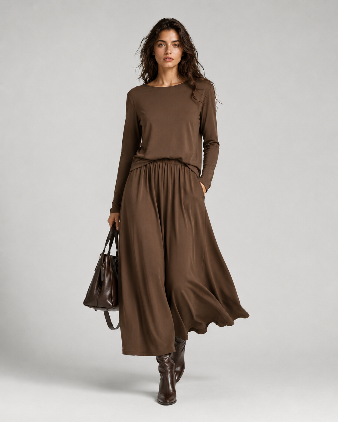 Women > Sweaters : Women's Two-Piece Long Sleeve Top and Maxi Skirt Set in Brown van DUUWE