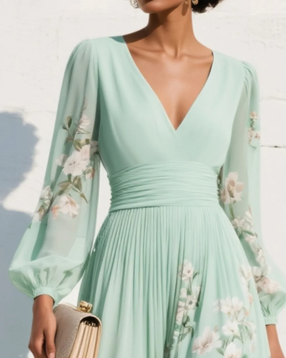 Floral Dresses : Mathilda - Light Green V-Neck Chiffon Pleated Floral Midi Dress in van Cow Clothing