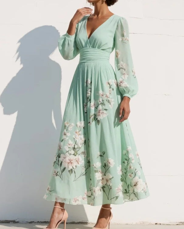 Floral Dresses : Mathilda - Light Green V-Neck Chiffon Pleated Floral Midi Dress in van Cow Clothing