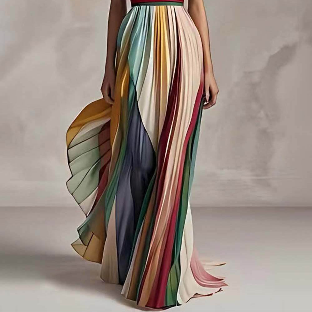Women's Elegant Maxi Striped Dress with Sheer Neckline and Pleats