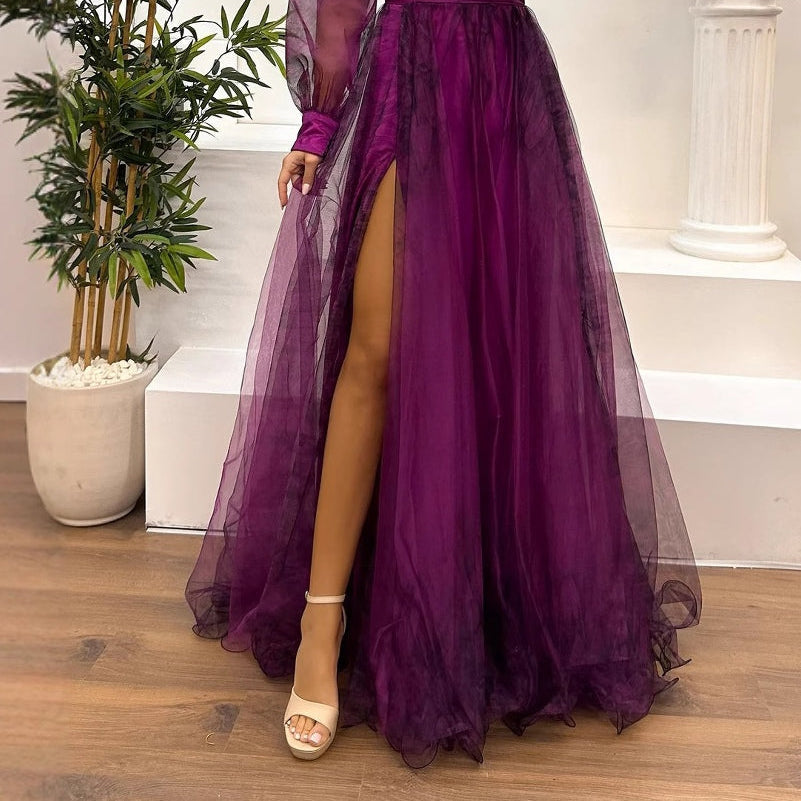 Women's Elegant One-Shoulder Maxi Mesh Dress with Gradient