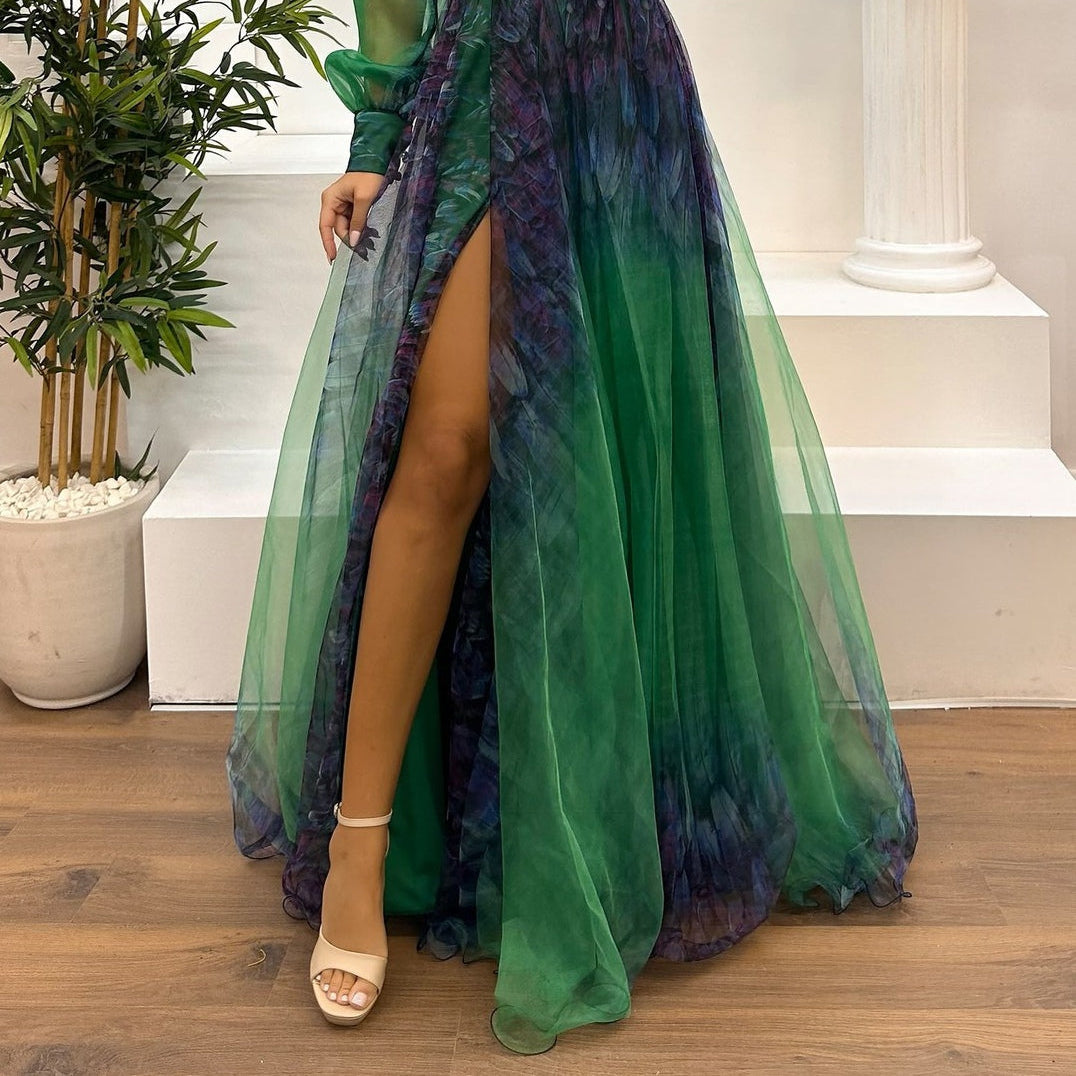 Women's Elegant One-Shoulder Maxi Mesh Dress with Gradient