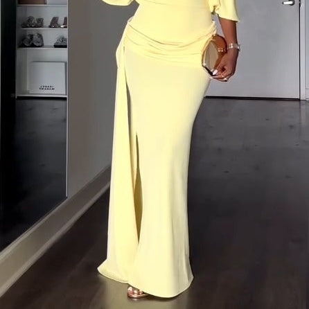 Women's Elegant Yellow Maxi Dress with Cape and Backless Design