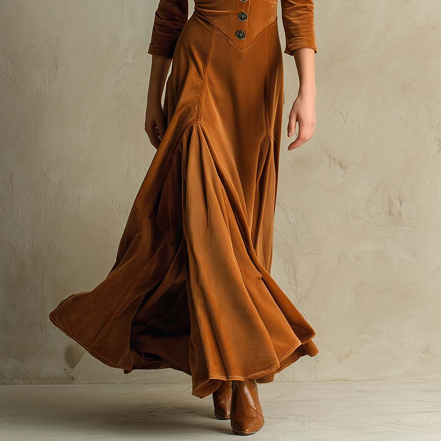 Women's Elegant Vintage Brown Velvet Long Dress with Sophisticated