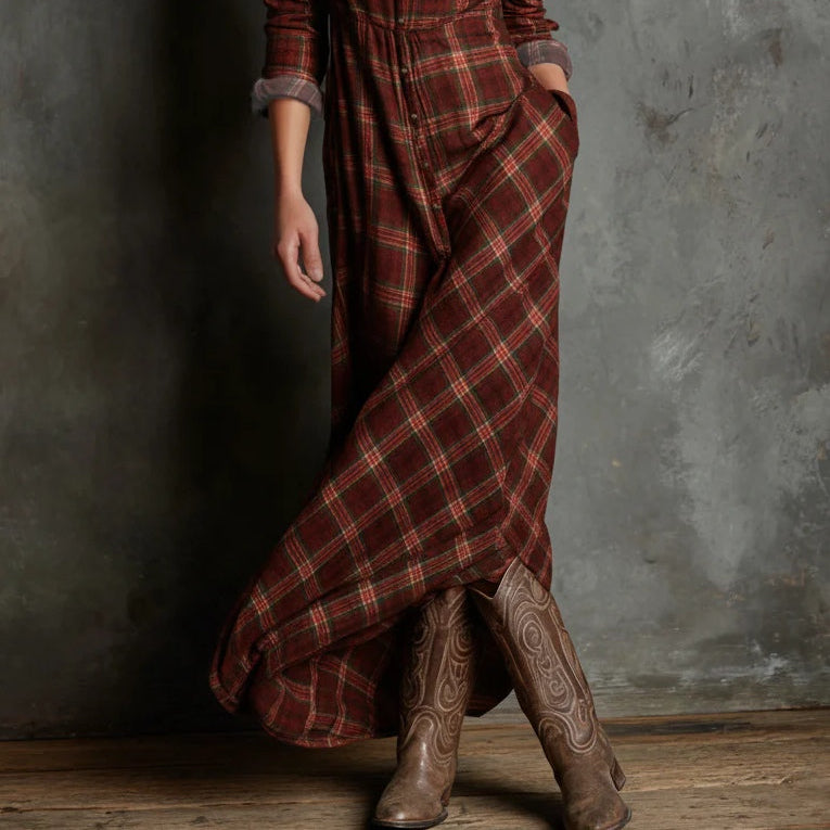 Women's Elegant Green Plaid Lapel Single-Breasted Shirt Dress for