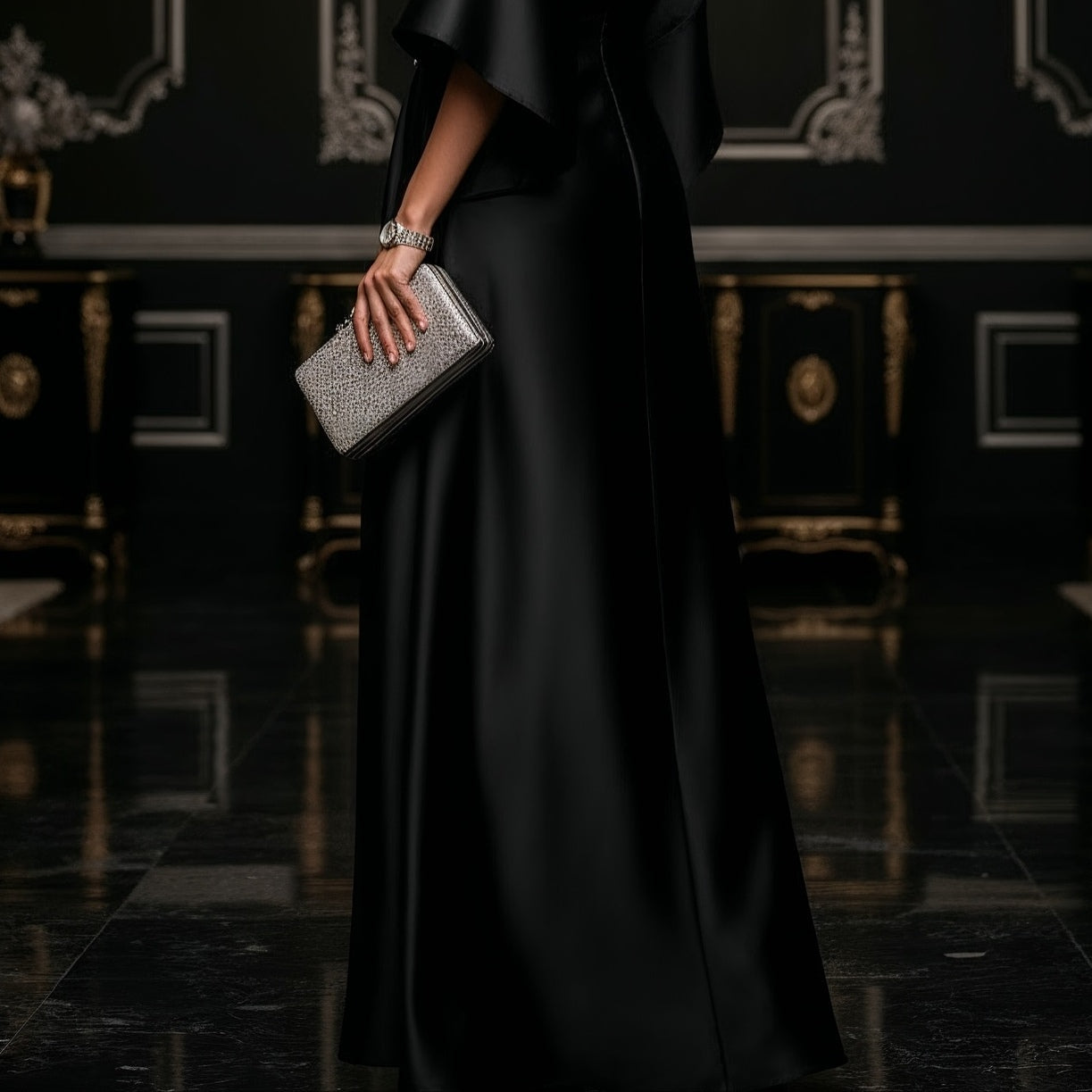 Women's Elegant Black Satin Maxi Dress for a Sophisticated Look