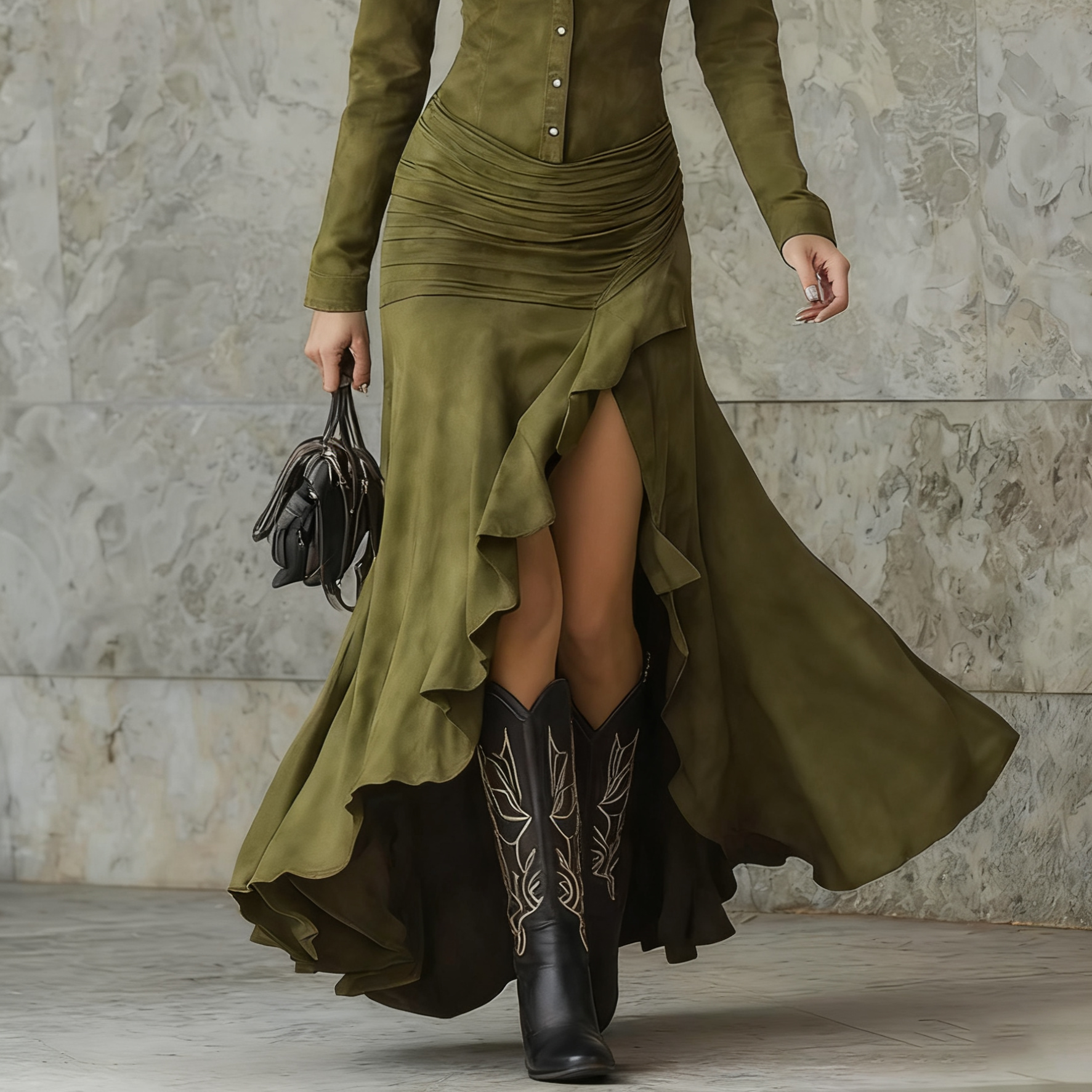 Women's Long vintage brown dress with irregular ruffles and