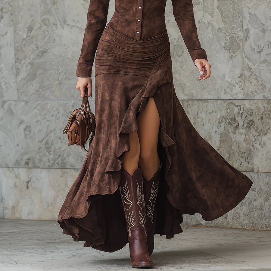 Women's Long vintage brown dress with irregular ruffles and