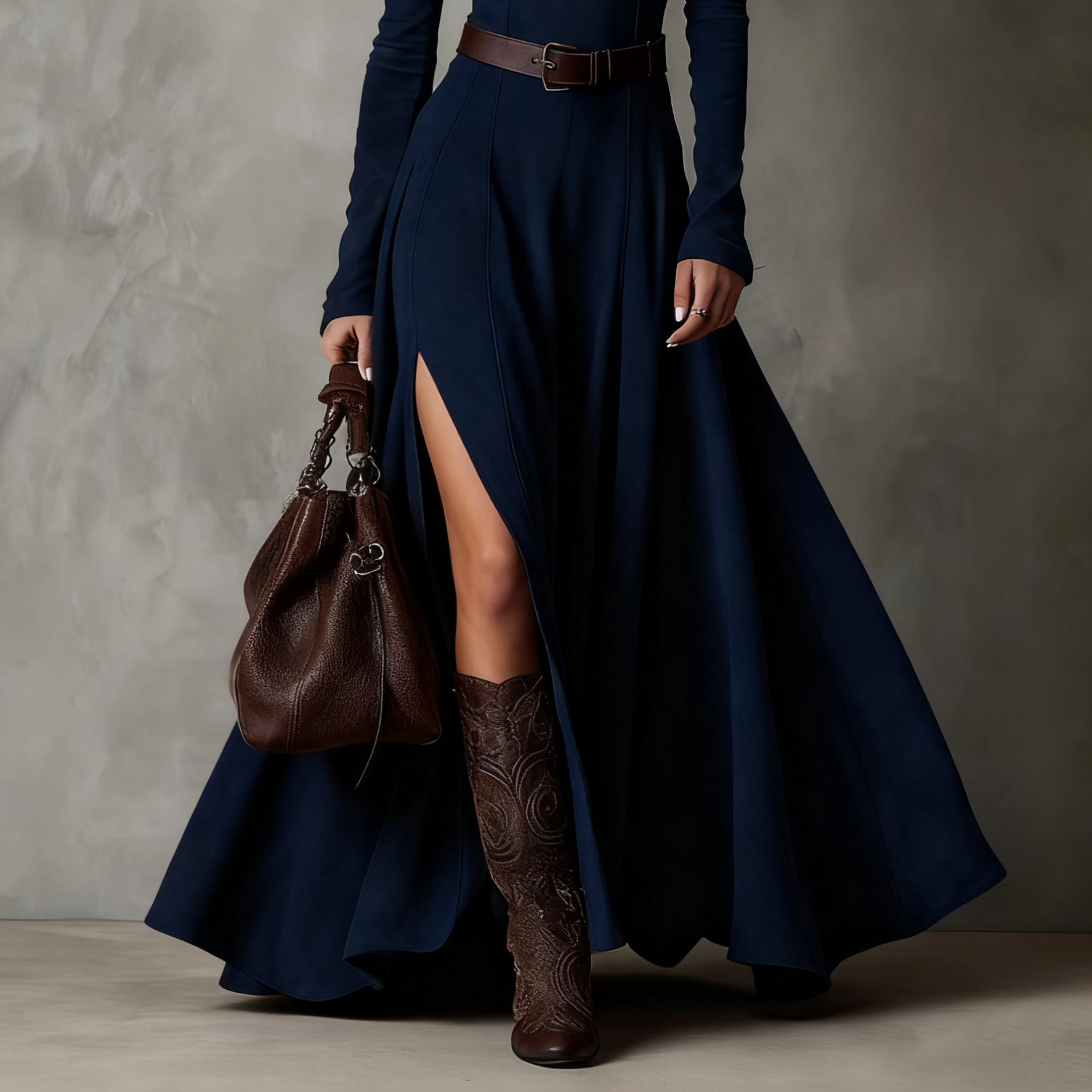 Women's Elegant Dark Brown Faux Leather Turtleneck Maxi Dress with
